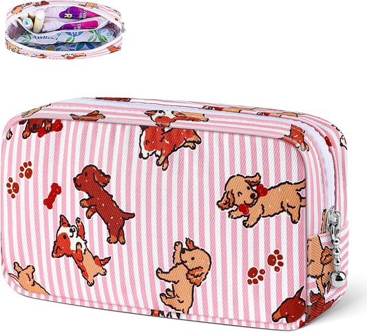 Desing Wish Period Bag for Teen Girls, Lightweight Sanitary Napkin Storage Bag Tampon Holder for Purse Menstrual Pad Pouches First Period Gift (Pink Striped Dog)