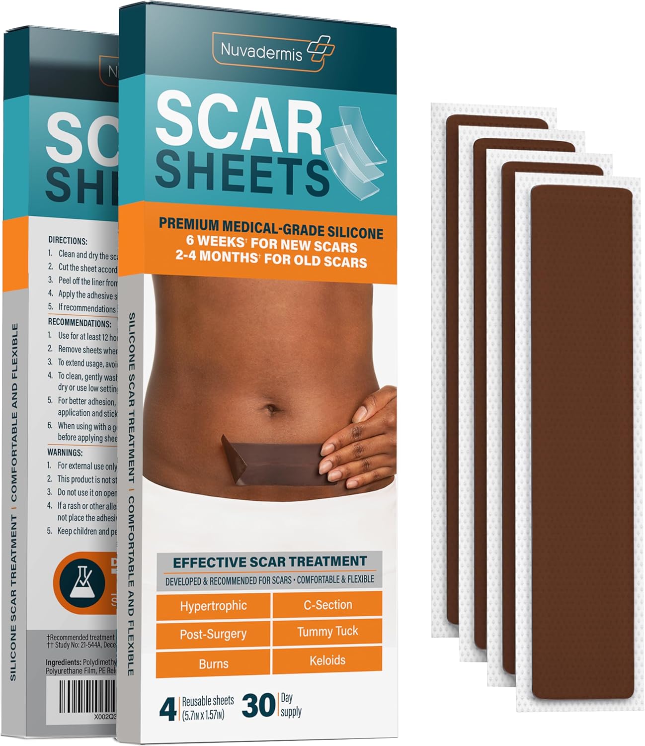 NUVADERMIS Silicone Scar Sheets – Extra Long Medical-Grade Scar Sheets for C-Section, Tummy Tuck, Keloid, and Surgical Scars – Reusable and Effective – Pack of 4 – Dark Tone