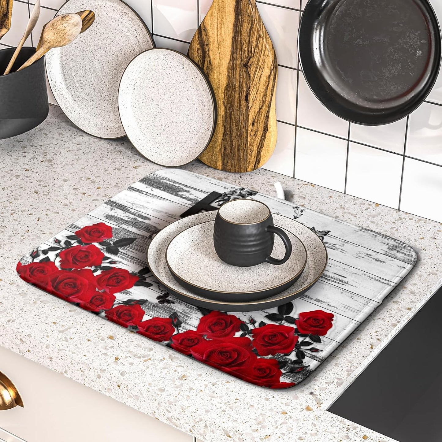 Red Rose Dish Drying Mat 16x18 inch Romantic Floral Absorbent Microfiber Sink Counter Dishware Drainer Pad for Kitchen Coffee Bar Decor