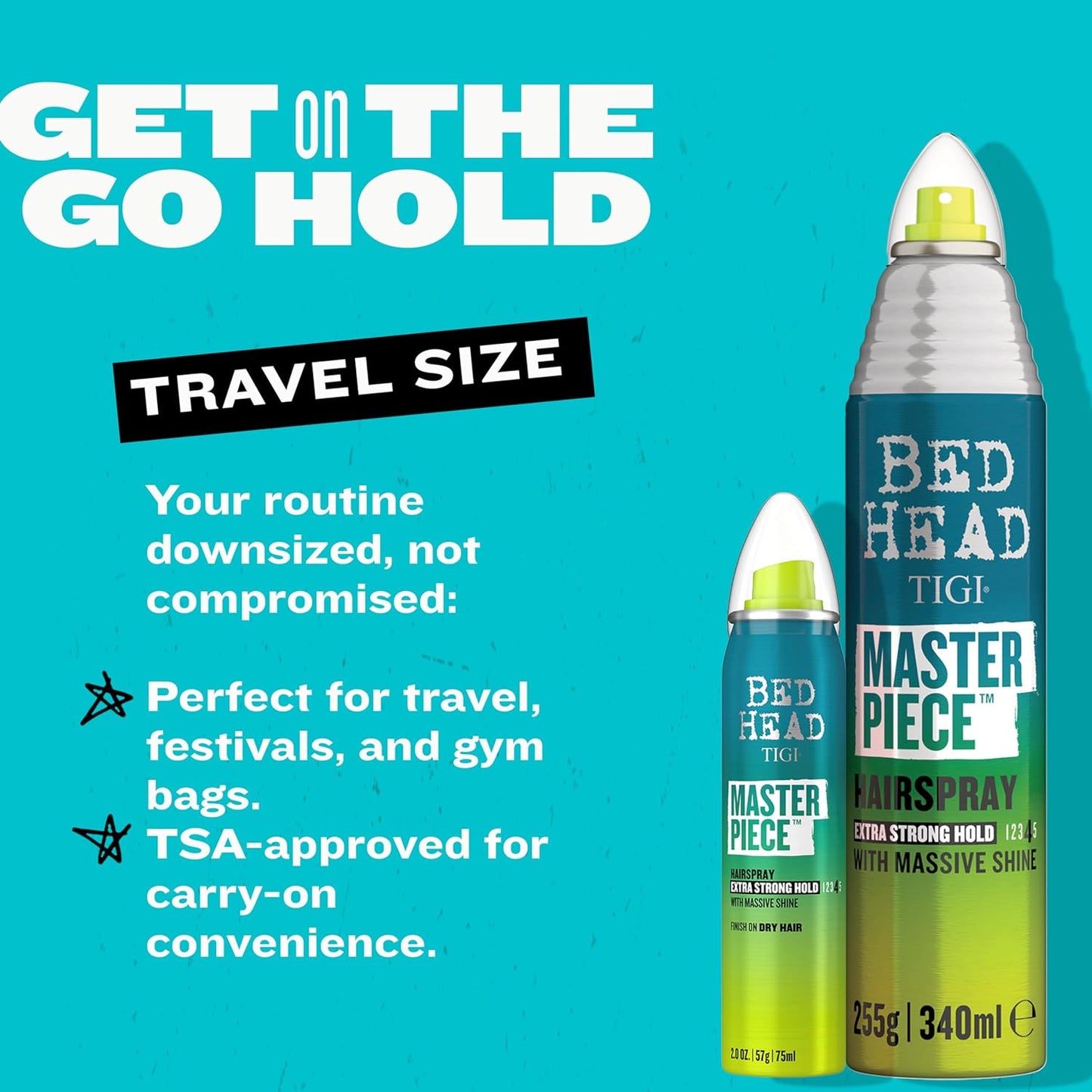 TIGI Bed Head Frizz Control Travel Hairspray Extra Hold Masterpiece Hair Care Spray for Incredibly Shiny and Glossy Hair, 2 oz, Mini Hair Spray