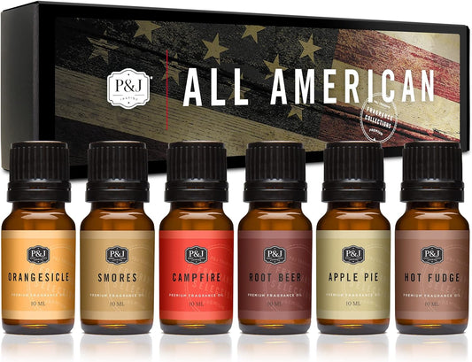 P&J Trading Fragrance Oil All-American Set | Apple Pie, Hot Fudge, Campfire, Root Beer, Orangesicle, and Smores Candle Scents for Candle Making, Freshie Scent, Soap Making, Diffuser Oil Scents