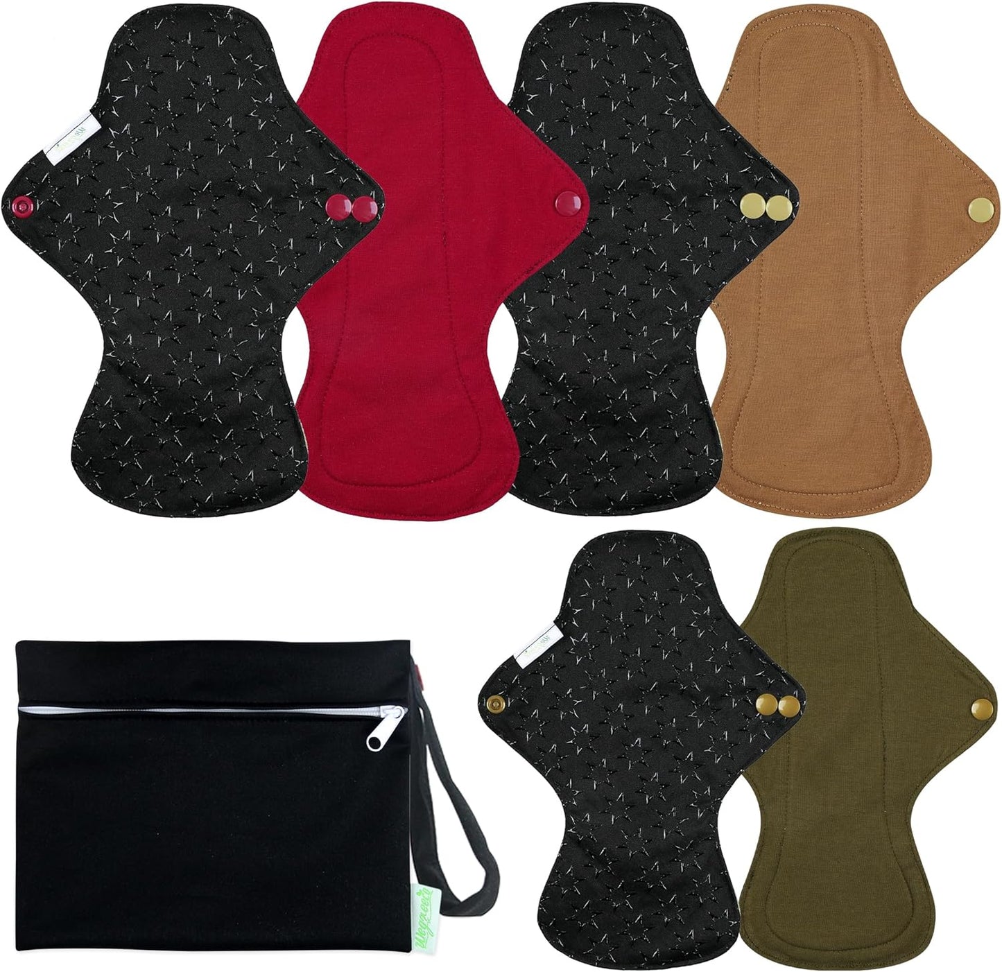 wegreeco 6 Pcs Reusable Menstrual Pads, Ultra Absorbent Cloth Pads for Heavy Flow, Sanitary for Teens, Women, Nonslip Panty Liners + Bag (Aqua, Burgundy, Coffee, M)