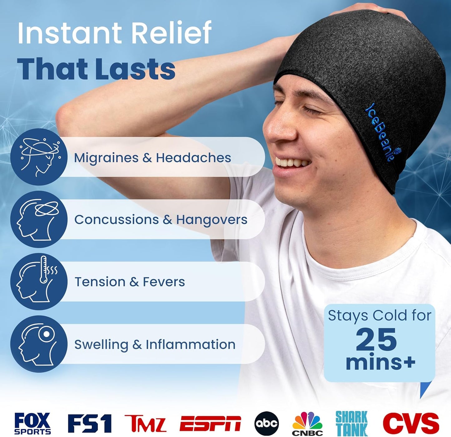 IceBeanie Migraine Relief Cap, As Seen on Shark Tank, Soft & Stretchy Gel Tension Headache Relief Cap, Extended Cooling Hangover Ice Hat, Odorless Head Wrap Ice Pack Wrap, Headache Migraine Mask