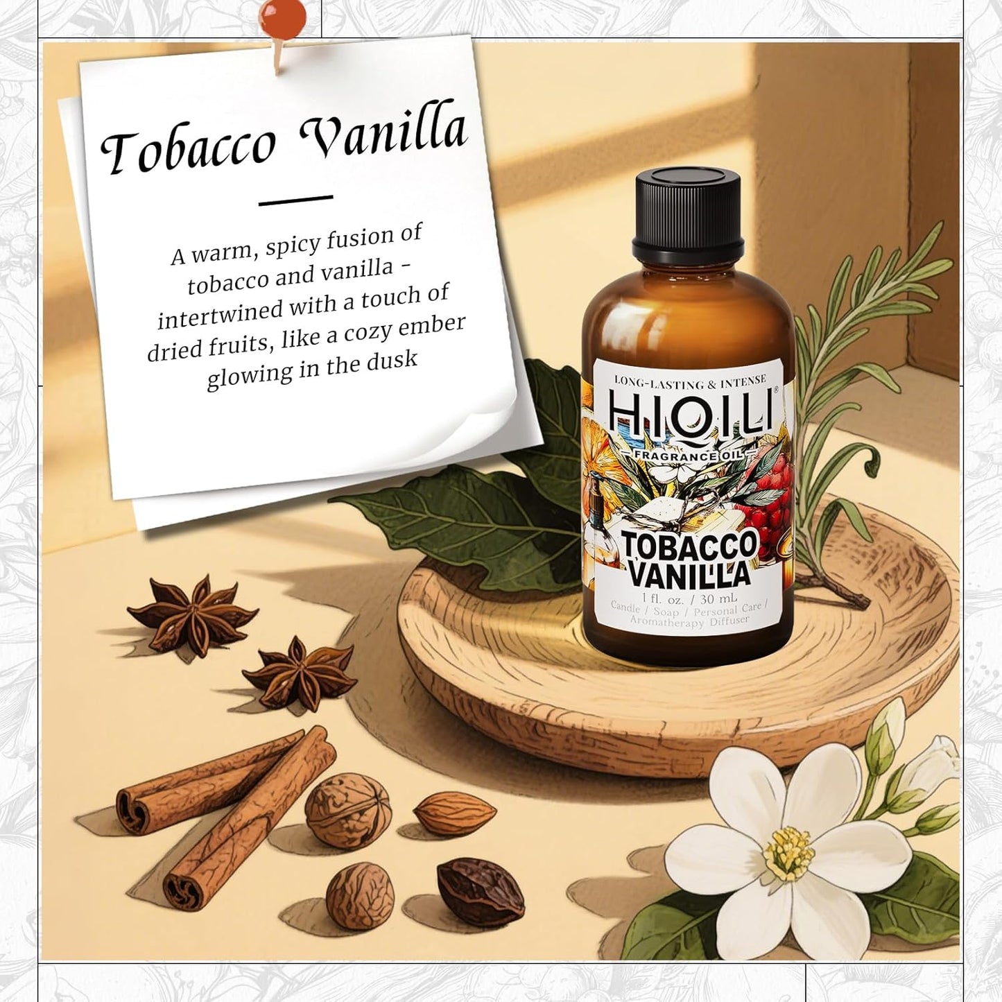 HIQILI Tobacco Vanilla Fragrance Oil for Diffuser, Inspired by T.Ford Tobacco Vanille, DIY Soap, Candle, Perfume Making, Long Lasting Rich & Spicy Scents - 1 Fl Oz