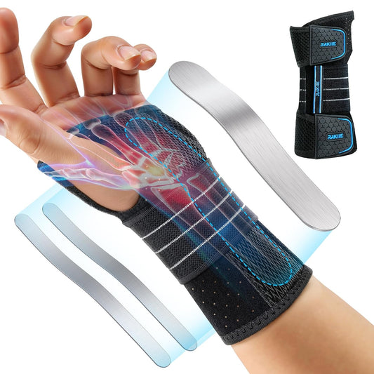 Carpal Tunnel Wrist Brace, Adjustable Night Wrist Support with 3 Metal Splints, Hand Brace for Men Women No Pressure on Thumb, Splint Stabilizer for Work, Blue Left Hand, Size L