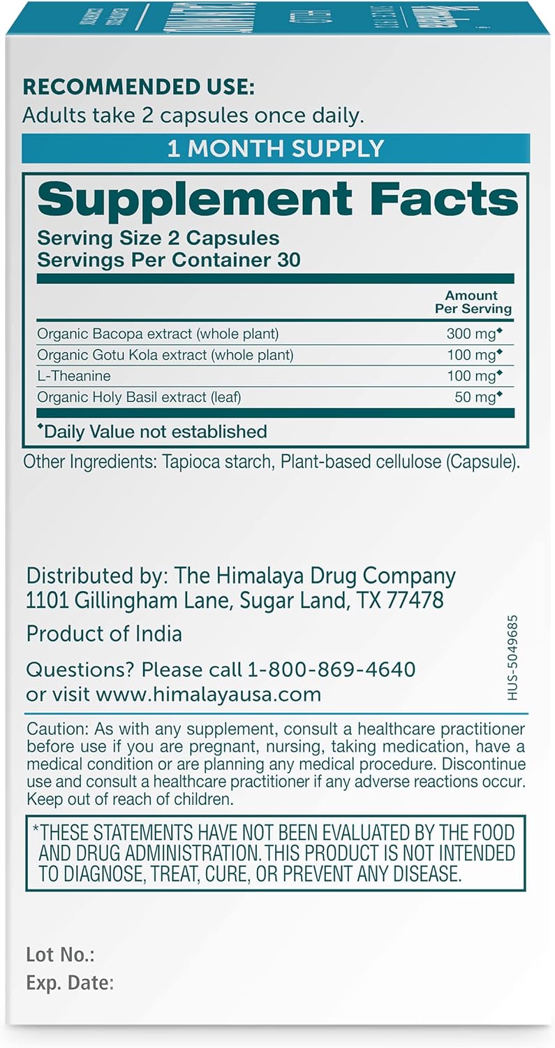 Himalaya Hello Calm Mind Herbal Supplement, with Bacopa, L-Theanine, Gotu Kola, Supports Concentration & Focus, Cognitive Function, Clear Thinking, Relaxation, Vegan, Gluten Free, 60 Capsules