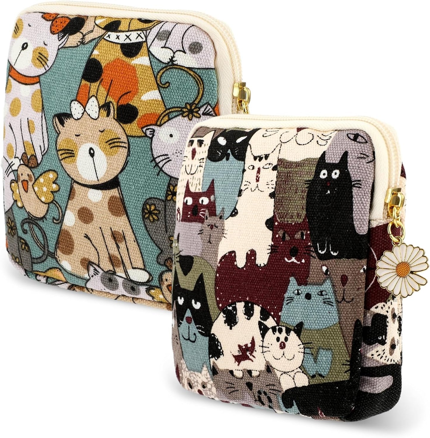 cobee 2PCS Sanitary Pad Storage Bag, Cute Sanitary Napkin Storage Purses Portable Period Bag with Daisy Zipper Panty Liner Tampon Menstrual Cup Nursing Pad Holder Pouch for Girls Women Travel(Cat)