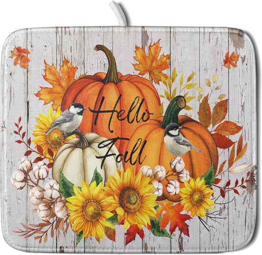 Hello Fall Dish Drying Mat for Kitchen Counter 16x18 Inch Orange Pumpkin Absorbent Drying Pad with Hanging Loop Autumn Home Decoration