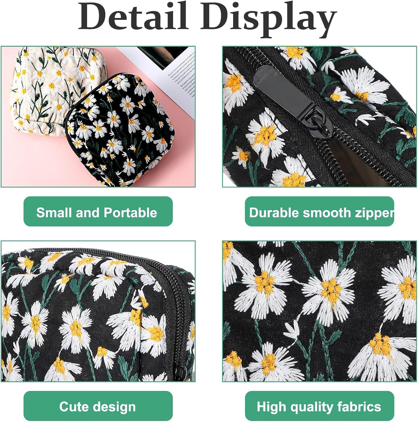 2 Pcs Sanitary Napkin Storage Bag, Daisy Embroidery Period Bag, Soft Tampon Holder, Portable Period Pouch First Period Kit for Women Teen Girls 9-12