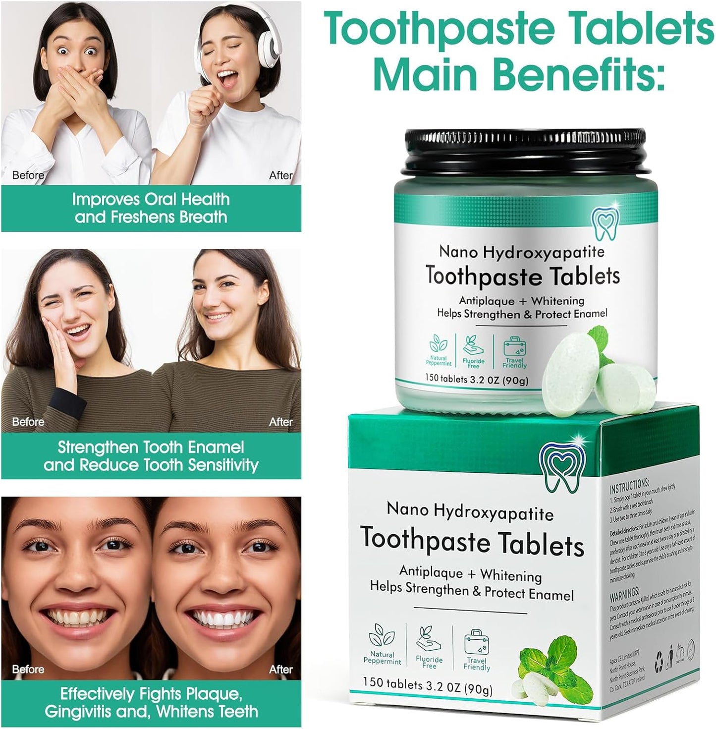 Toothpaste Tablets 150pcs Chewable Whitening - for Sensitive Teeth & Antiplaque - Nano Hydroxyapatite, Natural Peppermint, Fluoride Free - Strengthen & Protect Enamel - Fresh Breath, Glass Jar