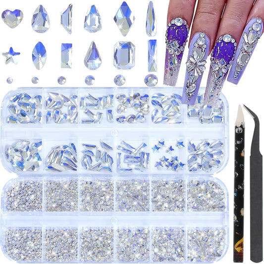 HNUIX Nail Rhinestones - 3D Multi Shape Size, Crystal Blue Moonlight Nail Gems, Flat Back, with Kit, for Nail Art, DIY Decorations