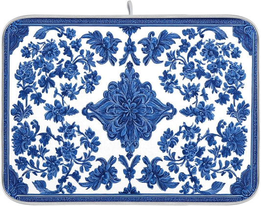 Blue White Porcelain Floral Dish Drying Mat for Kitchen Countertop 18x24 Rectangle Large Drying Mat Reusable Quick Dry Dish Sink Absorbent Mats Dishwasher Easy Clean Decorative Home Decor Essentials
