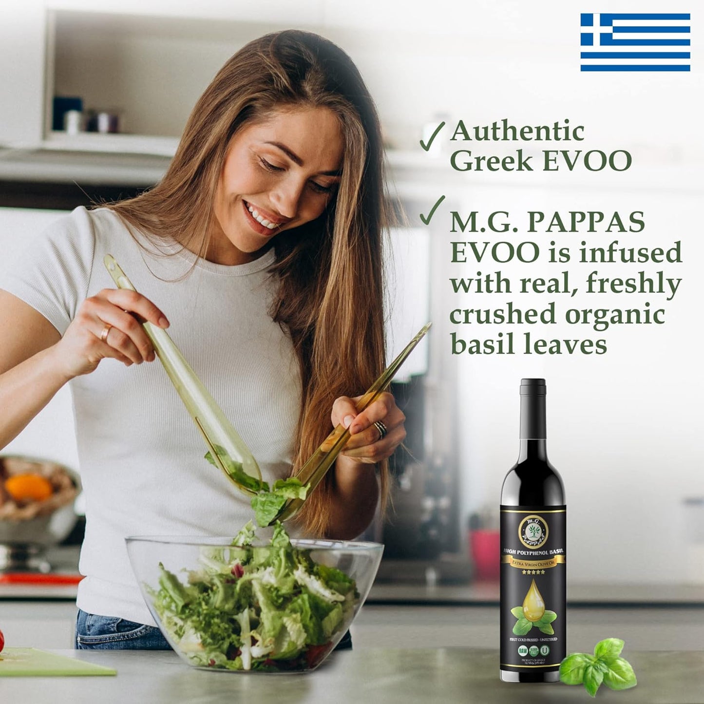 M.G. PAPPAS High Polyphenol Rich Basil Infused Olive Oil - Extra Virgin Olive Oil Polyphenol Lab Report 650mg/kg - Cold Pressed & Unfiltered - High Hydroxytyrosol Greek Olive Oil - Award Winning
