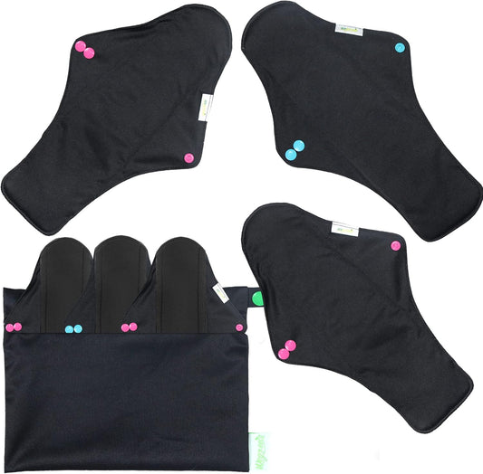wegreeco Reusable Menstrual Pads - Reusable Sanitary Pads | Reusable Panty Liners | Soft Cloth Menstrual Pads - 6 Pack with 1 Cloth Mini Wet Bag (X-Large, Black)