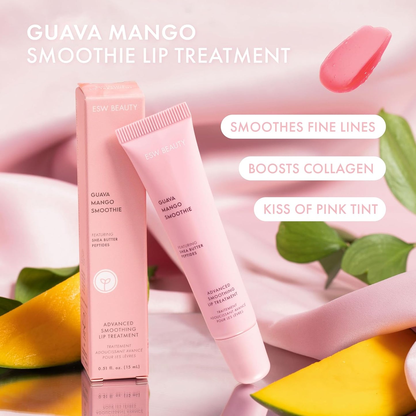 ESW Beauty Guava Mango Smoothie Lip Treatment - Light Pink Tint with Shea Butter, Peptides, Guava & Mango for Advanced Smoothing & Collagen Boost