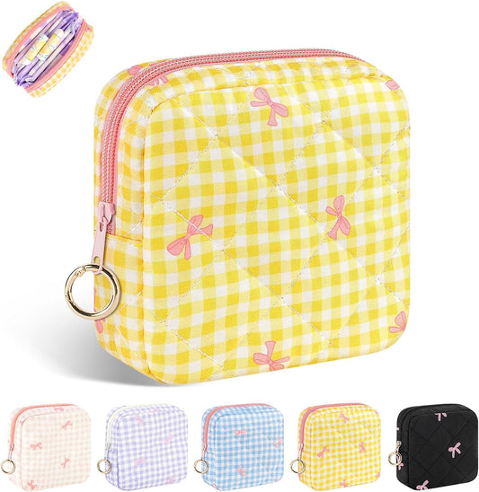 Period Bag for Teen Girls, Quilted Sanitary Napkin Storage Bag, Cute Bow Tie Menstrual Pad Pouch Tampon Holder (Plaid Yellow)
