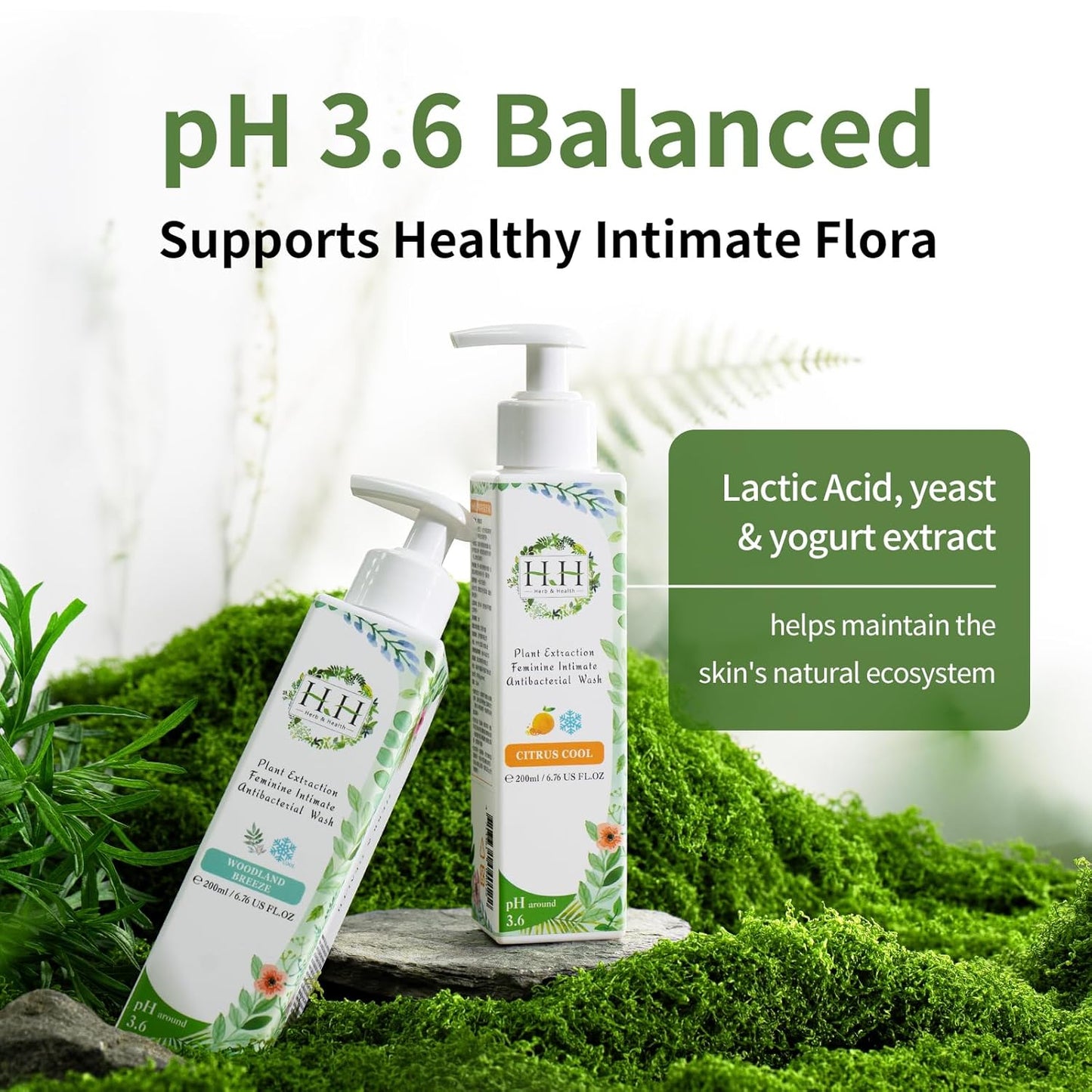 HH Herb & Health Feminine Wash for Women, pH3.6 Lactobacillus Cleanser with Botanical Extracts, Hydrating & Cooling Intimate Care for Odor, Dryness and Itch, Woody Scent