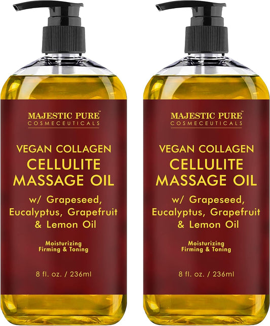 MAJESTIC PURE Cellulite Massage Oil for Massage Therapy - Refreshing, and Relaxing - Natural Oils with with Vegan Collagen & Stem Cells - for All Skin Types - Men and Women - 8 fl oz