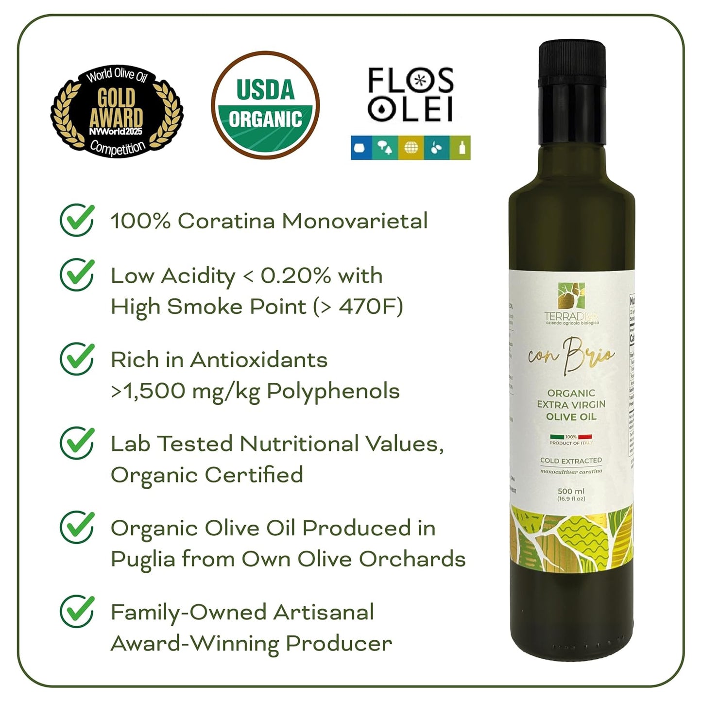 WellEatable Ultra High +1,500 mg/kg Polyphenol Rich Olive Oil, 2025 NYIOOC Gold, Early Harvest, Organic Extra Virgin Olive Oil from Italy, Lab Tested, Cold Extracted for Phenolic Shot, 16.9 fl oz