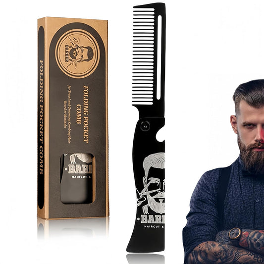Metal Hair Styling & Beard & Mustache Folding Pocket Comb, Multifunctional EDC Grooming Tool With Bottle Opener - Anti-Static for Outdool Travel & Daily Grooming - Black