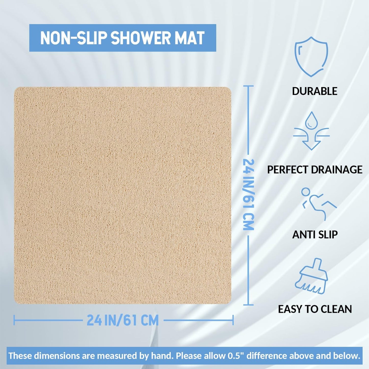 Non Slip Shower Mat, Anti Slip Bath Mat, Quick Drying Bath Tub Mats, Foot Scrubber Mat, Anti Slip Mat for Tub, Floor, Bathroom, Home, Kitchen, Hotel (Beige 24”x24”)