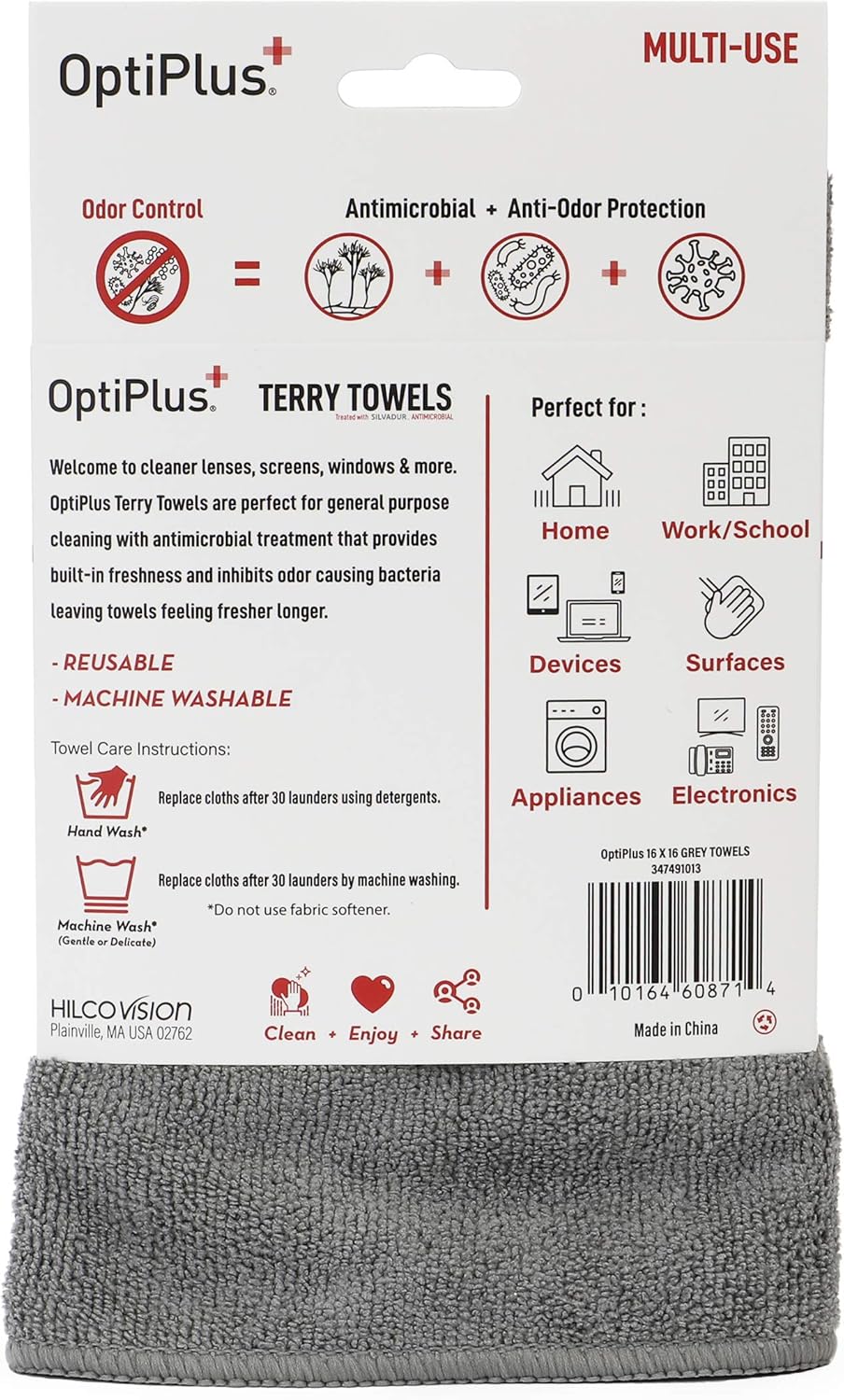 OptiPlus 16" x 16" Microfiber Terry Towels Treated with Silvadur 930 Antimicrobial - Grey