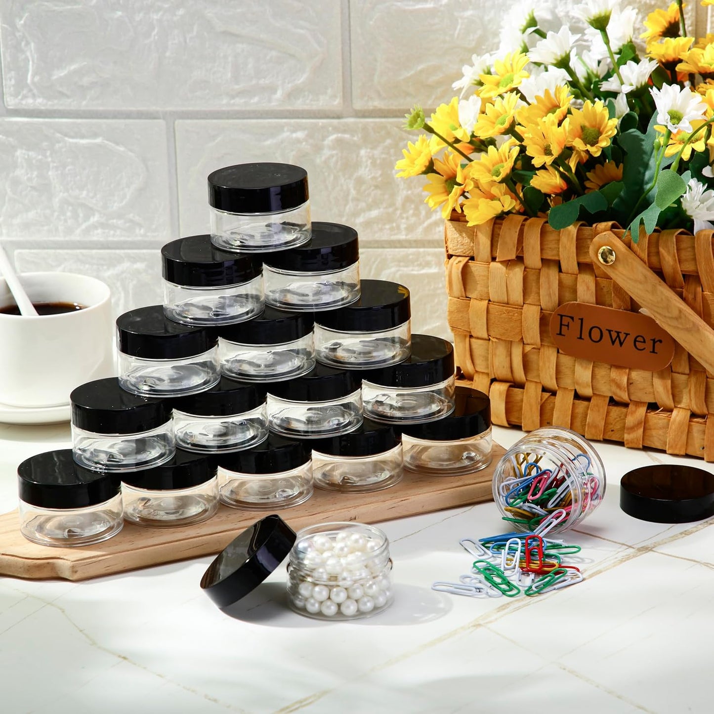 SATINIOR 100 Pcs Plastic Jars with Lids Small Containers Lids Wide Mouth Small Plastic Containers for Lotion Cream Rhinestones Body Butters Travel Storage(4 oz,Black)