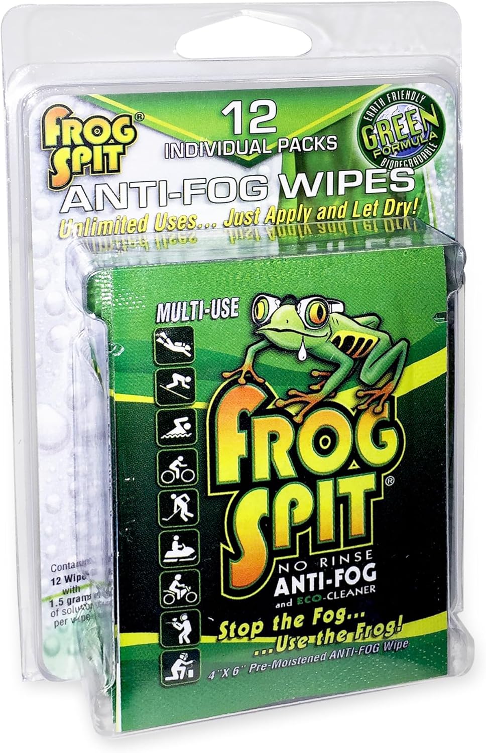Frog Spit Pre-Moistened Anti-Fog Wipes | 12-Pack | Individually Packaged Travel Anti Fog Wipes for Glasses, Goggles, Face Masks, Helmet Face Shields