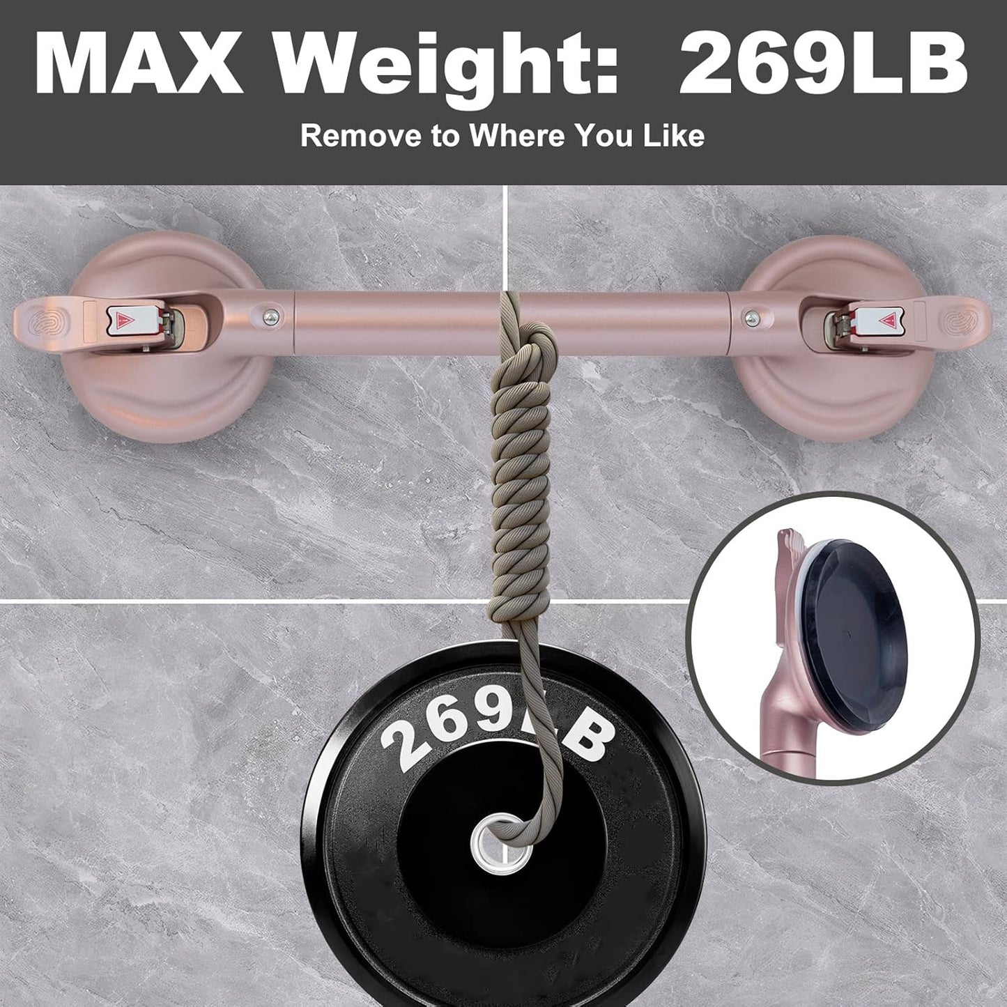 Heavy Duty Suction Shower Grab Bar - Toilet Bathroom Bathtub Safety - Shower Handles, Suction Cup Power Up to 250 LB, Perfect for Elderly Seniors18.5 Inch, Rose Gold