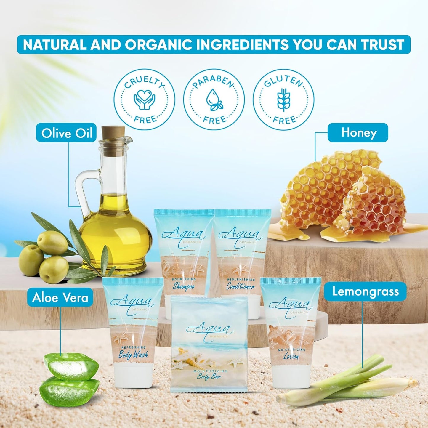 Aqua Organics Hotel Soaps and Toiletries Bulk Set | 1oz Hotel Shampoo & Conditioner, Body Wash, Body Lotion & 1oz Bar Soap Travel Size | 300 Pieces