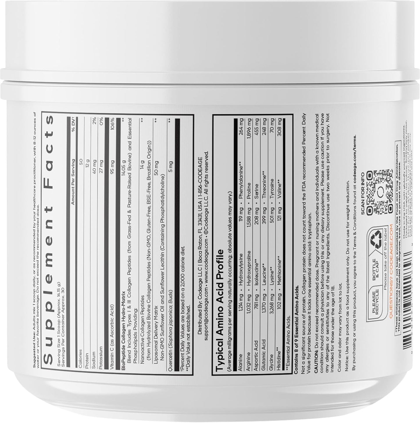 Codeage Liposomal Collagen Peptides Powder + Vitamin C & Quercetin, Phospholipid Complex, Grass-Fed Pasture-Raised Hydrolyzed Collagen Type I & III Supplement All-in-One, Non-GMO, 14.97 oz