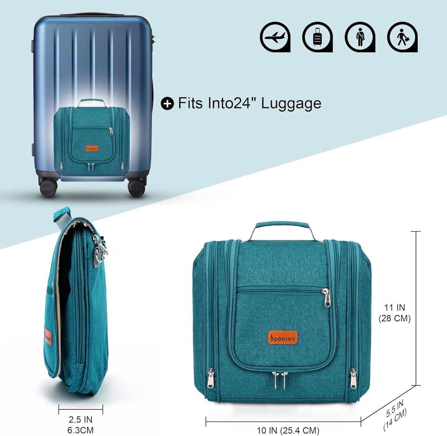 Hanging Travel Toiletry Bag for Women and Men, 6 Organizer Compartments, Large Toiletries essentials, Bathroom Cosmetic Accessories, Water-resistant Makeup Bag, Holds Full-Size Shampoo, Blue