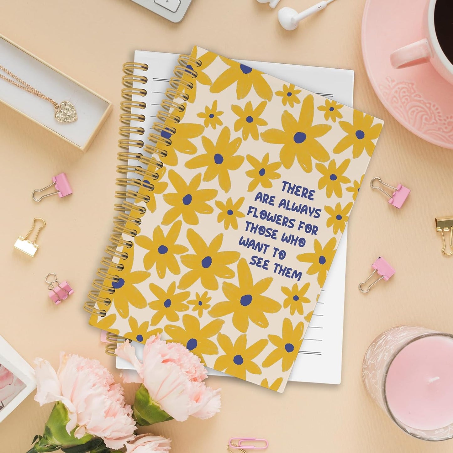 Inspirational Yellow Floral Spiral Notebook, Motivational Floral Journaling Notebooks for Note Taking, Flower Hardcover Journals for Women 160 Pages 5.5x8.3 Inch, Mental Health Gifts for Women