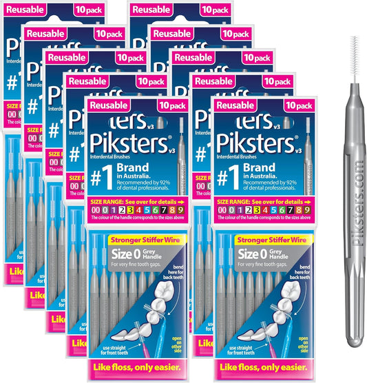 Piksters Interdental Brushes, Size 0, 100 Count (10 x 10 Packs), Interdental Tooth Brush for VeryTight Gaps, Gum Soft Bristles for Plaque Removal, Safe for Braces (100 pk)