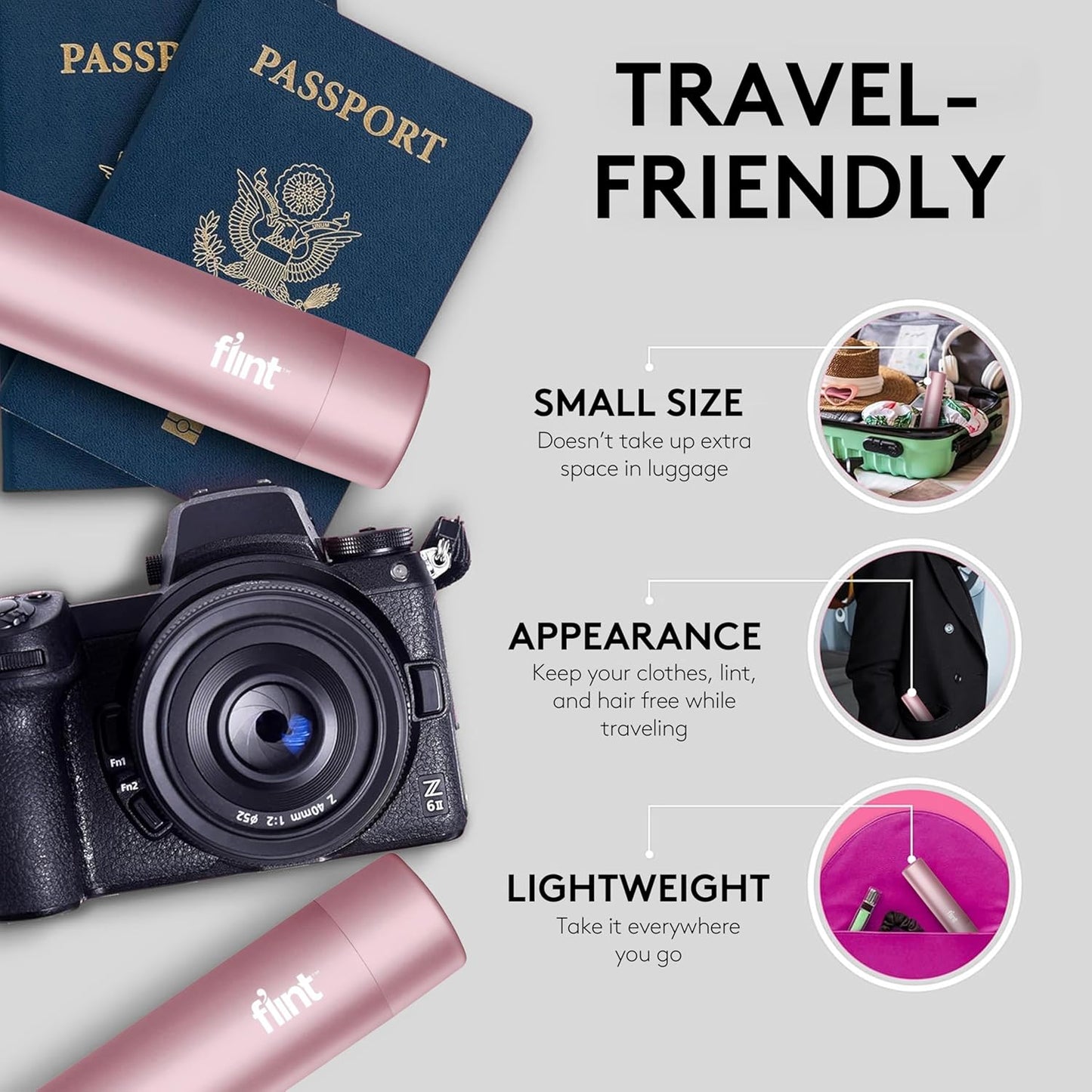 Flint Rose Gold Retractable Mini Lint Roller with 90 Extra Sticky Sheets, Small and Portable Lint Roller, Ideal Pet Hair Remover, Travel Lint Rollers for pet Hair Extra Sticky