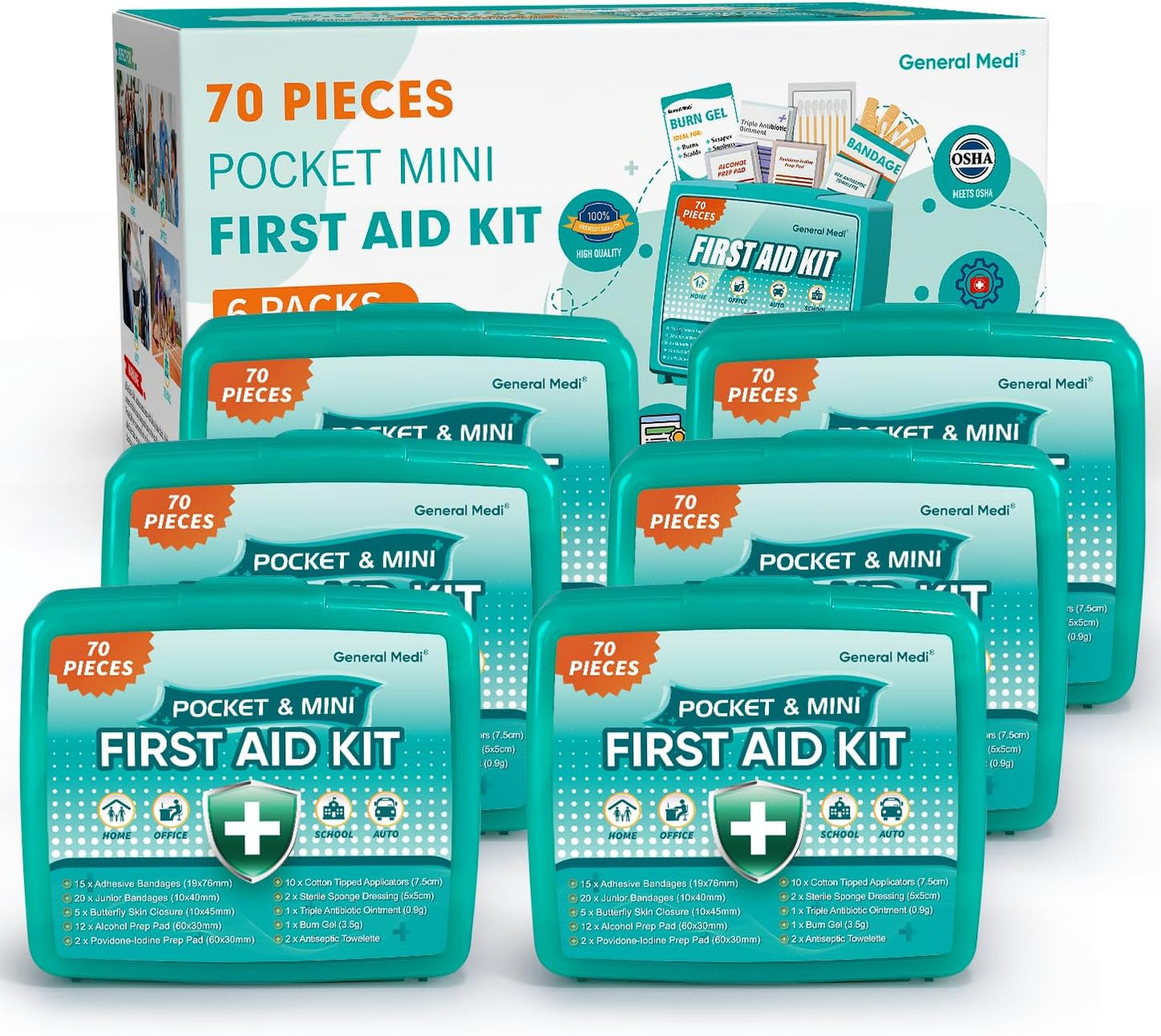 General Medi 420 Piece First Aid Kit, 6 Individual Boxes of 70 Items Each - Contains Premium Medical Supplies for Travel, Home, Office, Vehicle, Camping, Workplace & Outdoor (420 pcs, 6 Pack)