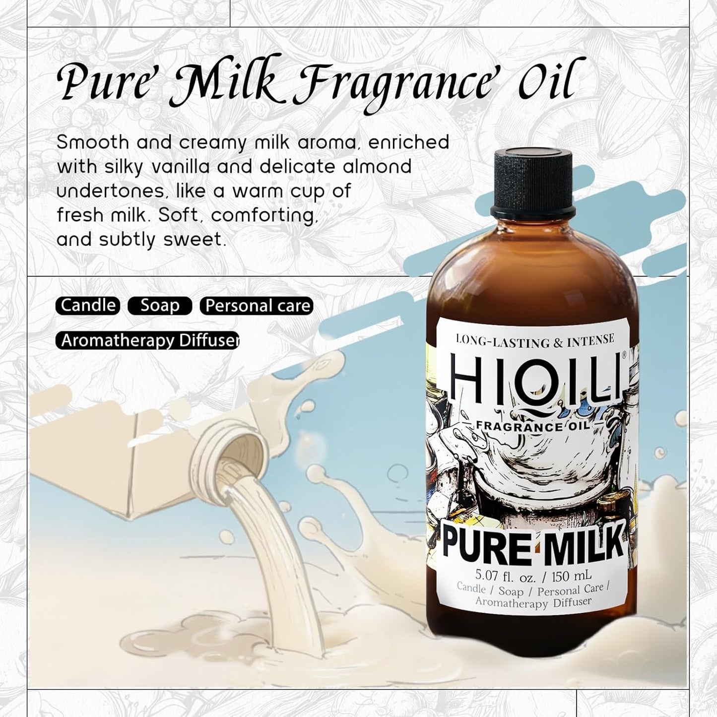 HIQILI Pure Milk Fragrance Oil for Home Diffuser, Ideal for Making Soap, Candles, Sugar Scrub, Skin & Body, Pet Safe - 5.07 Fl Oz