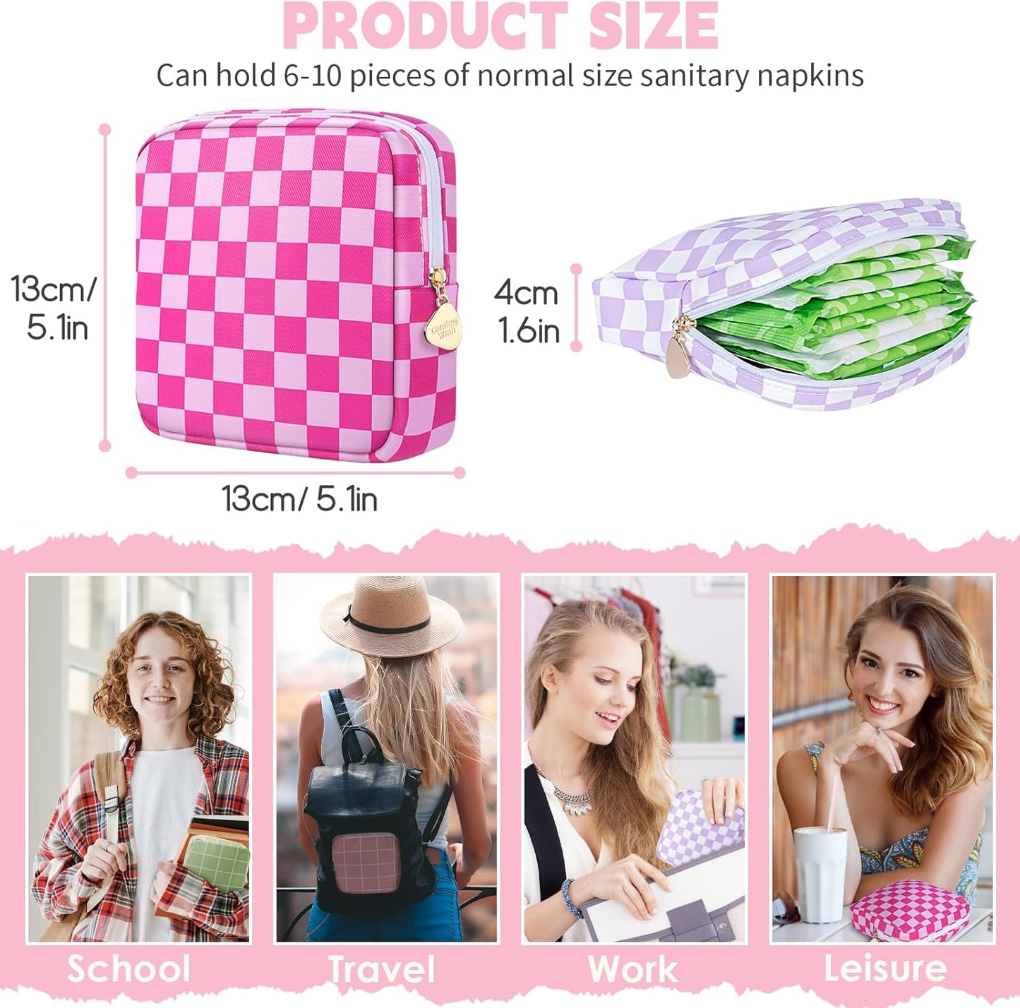 Desing Wish Period Bag Pouch Soft Cloth Sanitary Napkin Storage Bag Portable Menstrual Pad Pouches Tampon Holder for Purse First Period Kit for Girls 9-12 (Rose-Pink Check)