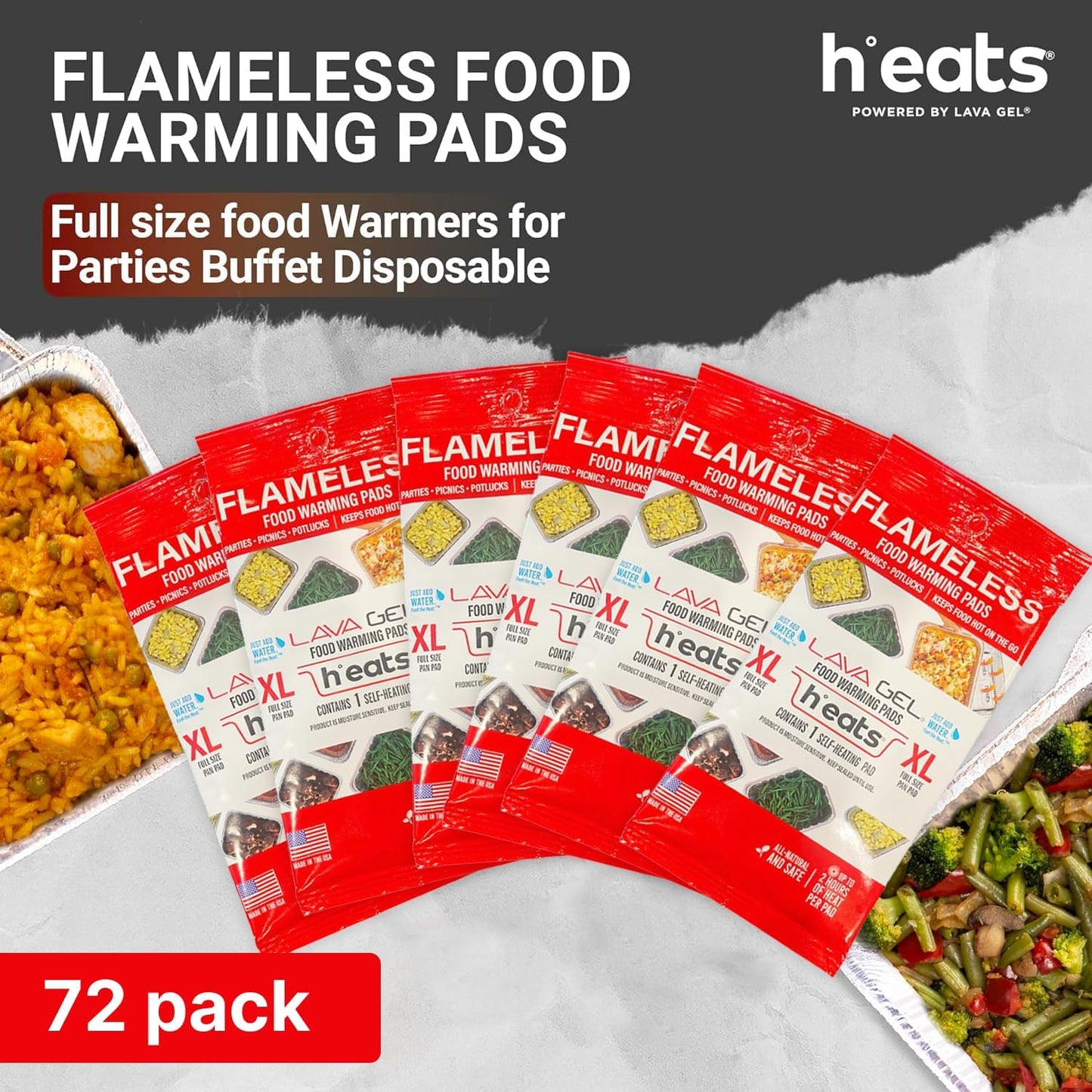 H°eats Flameless Food Warming Pads (72-Pack) - Full Size Food Warmers for Parties Buffet - Party Buffet Servers and Warmers - Heating Pads for Chafing Dish - Must-Have Catering Supplies