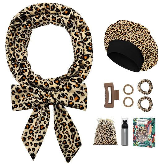 No Heat Overnight Curl Headband - 70" Soft Ribbon Wrap for Long Hair, 9 PCS Curling Rods Set - Leopard Print Curls Headband