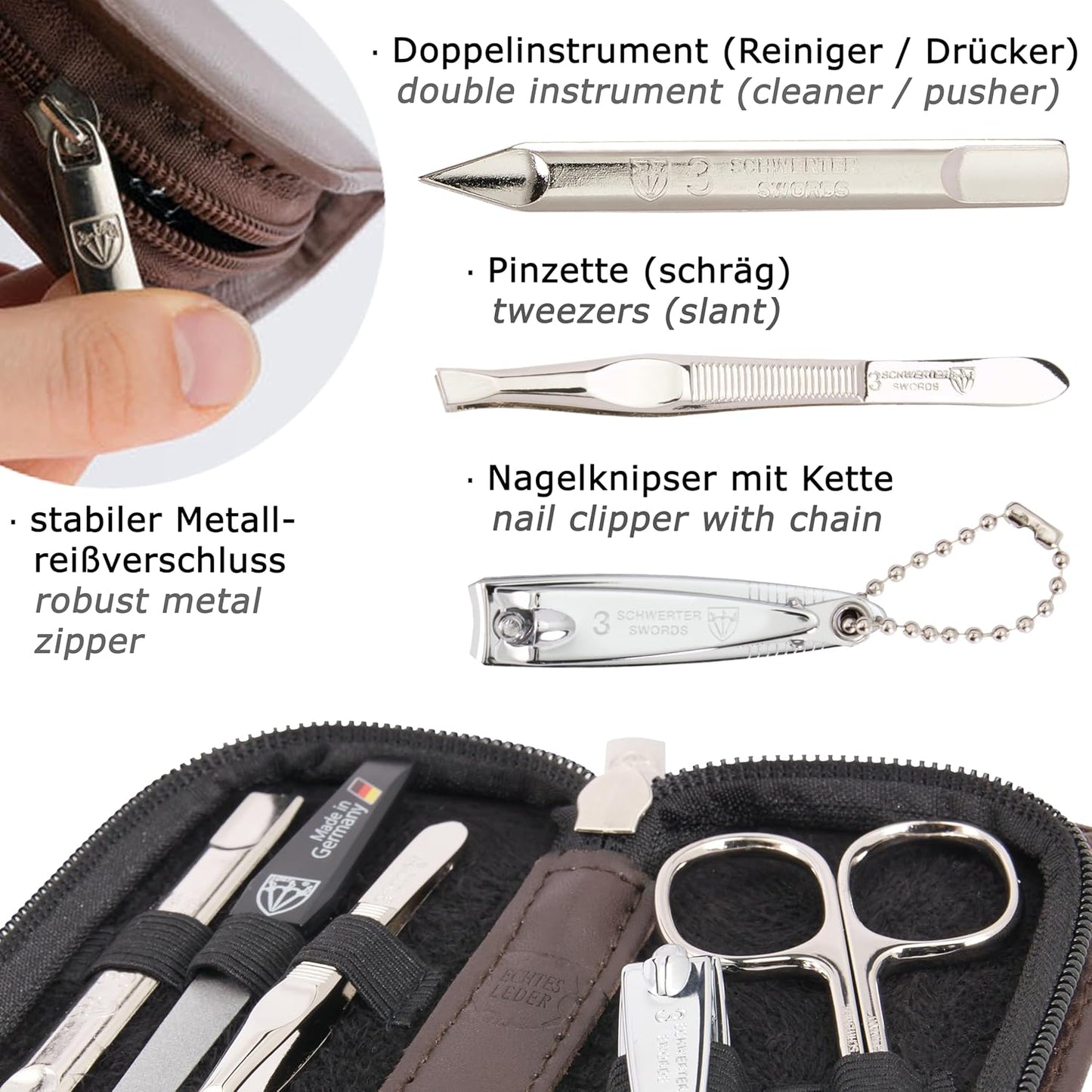 3 Swords Germany - brand quality 5 piece manicure pedicure grooming kit set for professional finger & toe nail care scissors clipper genuine leather brown case in gift box, Made in Germany