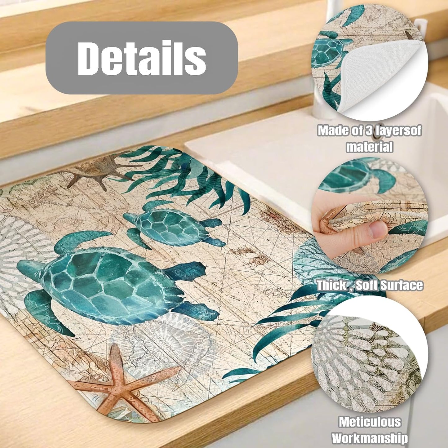 Dish Drying Mat for Kitchen Counter Large 16" x 18" Seaturtle Absorbent Microfiber Dishes Drainer Rack Mats Pad Reusable Washable