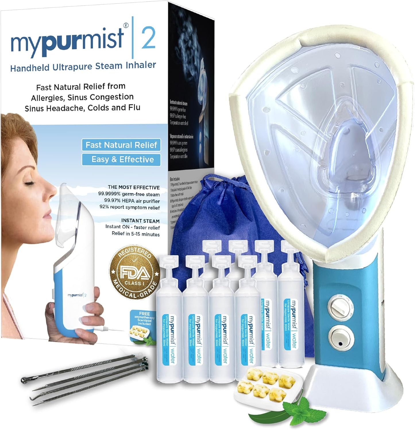 Mypurmist® Essential Kit Plus Facial Steam - Steam Inhaler & Facial Steamer Combo, Personal Handheld Ultrapure Steam - Sinus Congestion Cold Cough Relief Vocal Care Skincare (Plug-in)