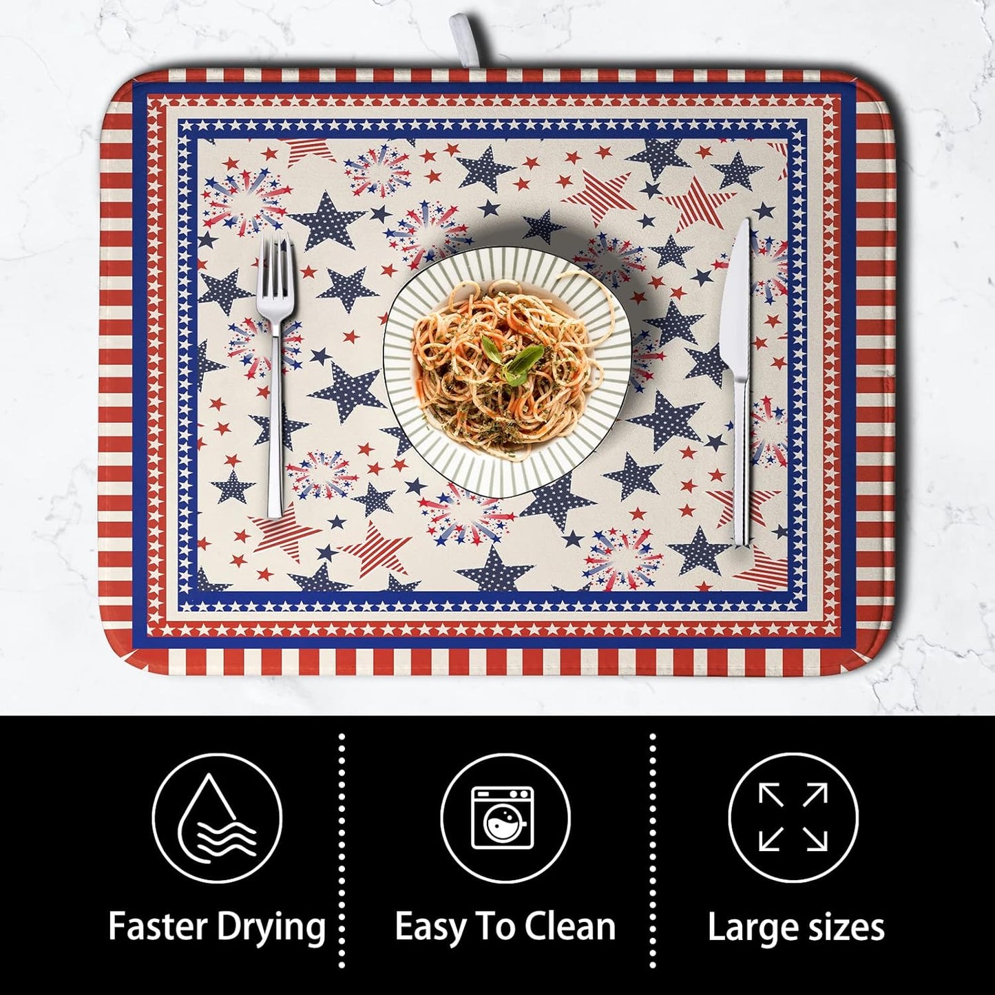 Happy 4th of July Patriotic Dish Drying Mat 16 x 18 Inch US Independence Day Vintage Star Kitchen Drying Mat Blue White Red Dish Drainer Mats Super Absorbent Dish Rack Pad for Coffee Bar Sinks