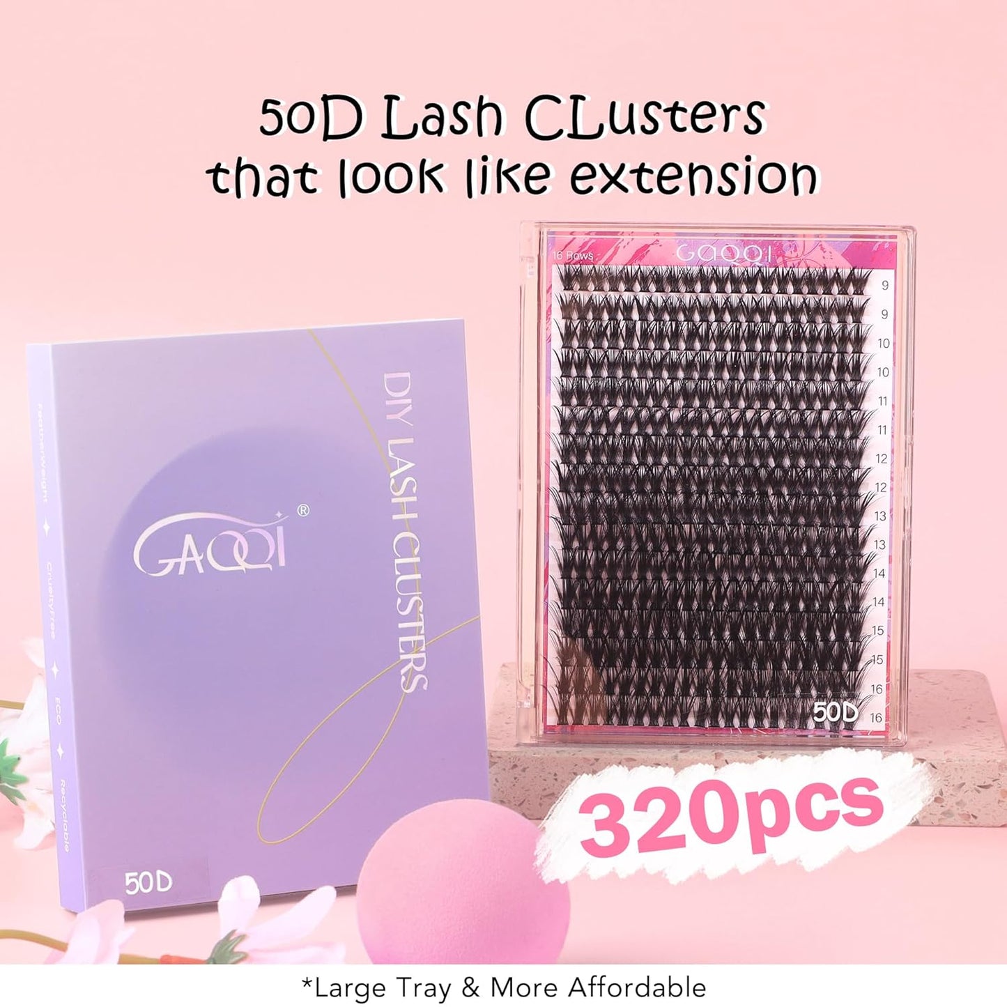 GAQQI Lash Clusters 320Pcs Individual Lashes 50D Mixed 9-16mm Eyelash Clusters C Curl Lash Clusters Look Like Mink Eyelash Extensions Thin Band Soft to Use Self Application(50D-CMIX）
