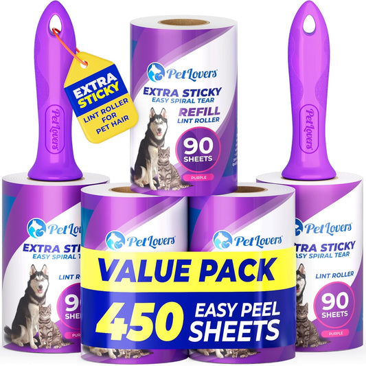 PetLovers Extra Sticky Lint Roller Mega Value Set 450 Sheets for Pet Hair Removal and Clothes, Dog and Cat Lint Remover 5 Pack Purple
