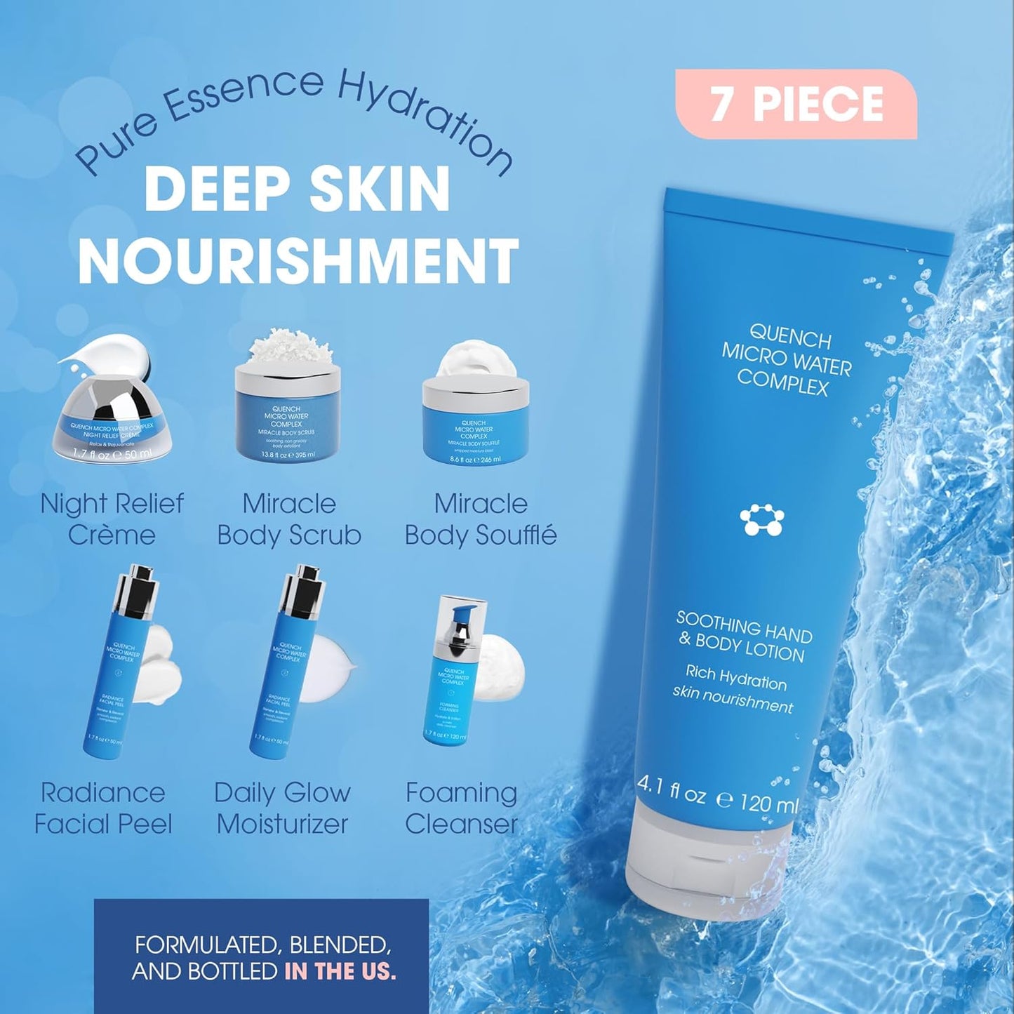 Quench 7 Piece Skincare Set - Japanese Onsen Volcanic Hydration and Anti Aging Skin Care Set with Cleanser, Facial Peel, Moisturizer, Night Cream