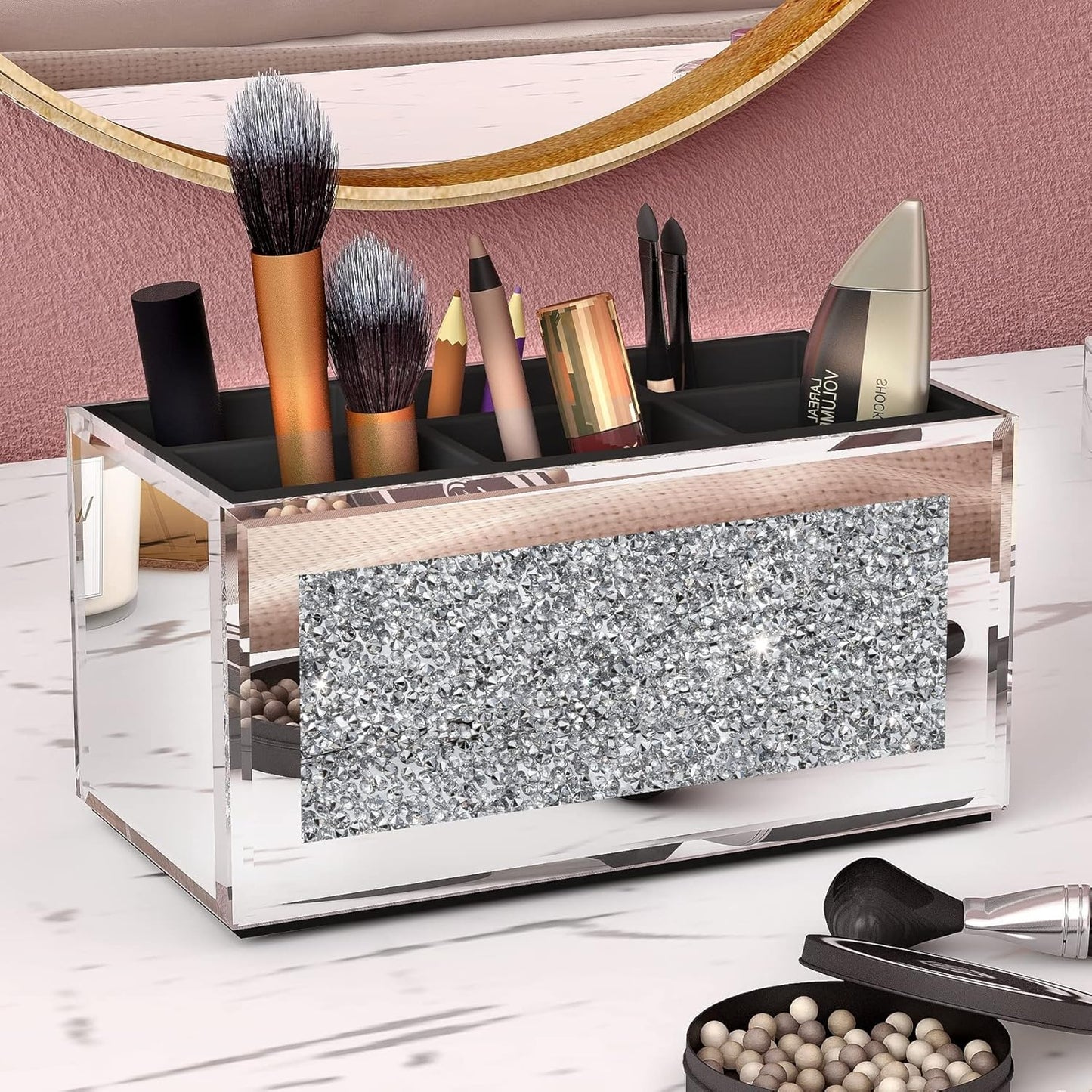 SHYFOY Makeup Brush Holder Organizer with Crushed Diamond 6 Slot Mirrored Make up Cosmetics Organizers and Storage for Vanity Countertop