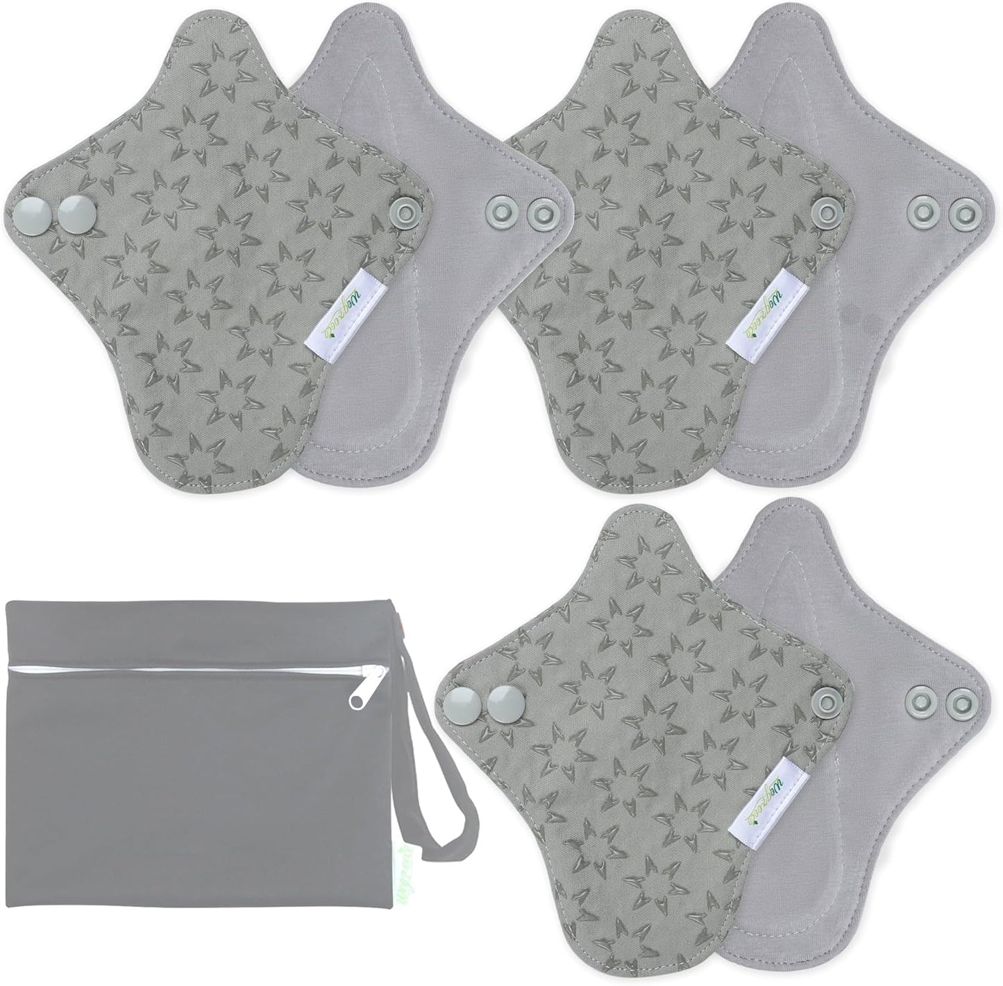 wegreeco 6 Pcs Reusable Menstrual Pads, Ultra Absorbent Cloth Pads for Heavy Flow, Sanitary for Teens, Women, Nonslip, Grey Inner, Grey Outer, X-Small