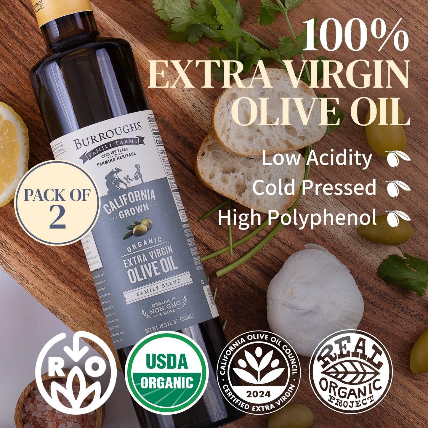 Burroughs Family Farms Premium Organic Extra Virgin Olive Oil – Cold-Pressed California EVOO, Polyphenol Rich Family Blend – Regenerative Organic & USDA Certified, Non-GMO, Gluten-Free – 500ml (16.9 fl oz) 2 Glass Bottle